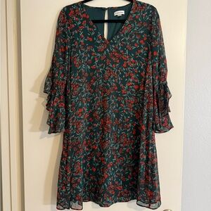 Calvin Klein Floral Long Sleeve Dress - Green and Red